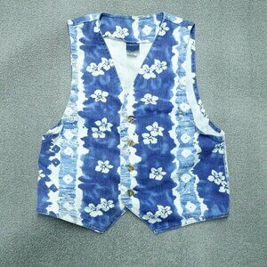 Stuffed‎ Shirt Denim Button Up Vest Women Small Blue White Floral Cotton